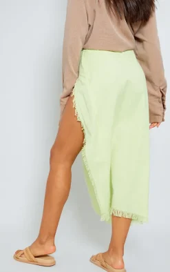 Sage Green Linen Feel Tie Side Bead Details Midi Skirt