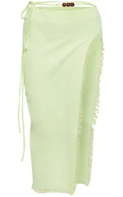 Sage Green Linen Feel Tie Side Bead Details Midi Skirt