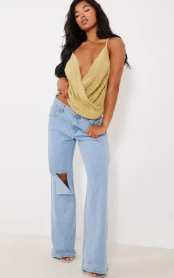 Sage Green Linen Look Cowl Drape Cami Long Top