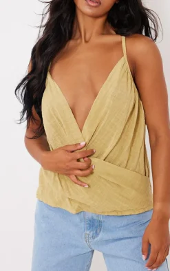 Sage Green Linen Look Cowl Drape Cami Long Top