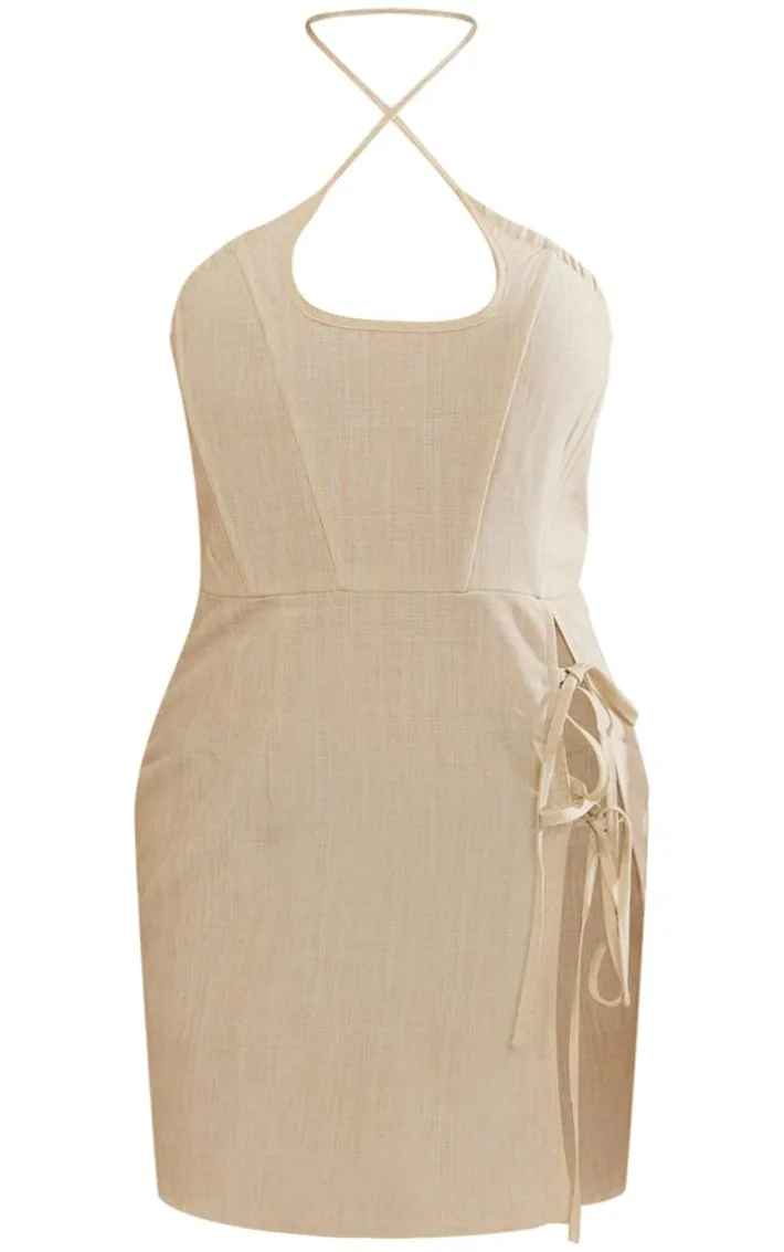 Sage Green Linen Look Halterneck Tie Detail Corset Bodycon Dress