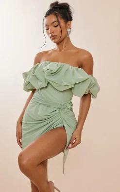 Sage Green Mesh Puff Detail Corset Bodycon Dress