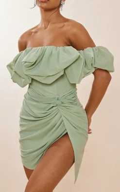 Sage Green Mesh Puff Detail Corset Bodycon Dress