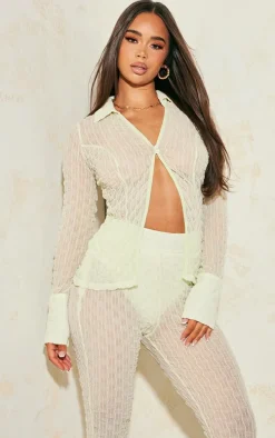 Sage Green Mesh Textured Long Sleeve Open Collar Top