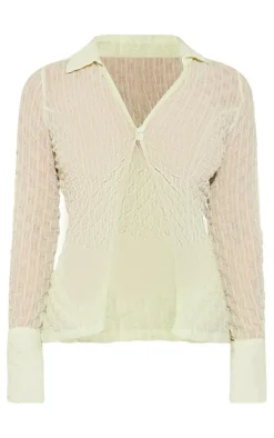 Sage Green Mesh Textured Long Sleeve Open Collar Top