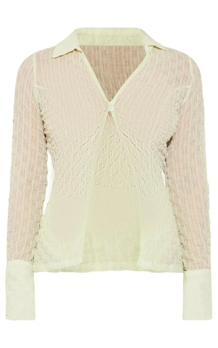 Sage Green Mesh Textured Long Sleeve Open Collar Top