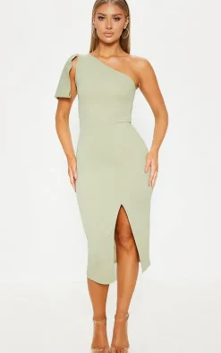 Sage Green One Shoulder Bow Detail Midi Dress