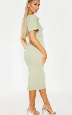 Sage Green One Shoulder Bow Detail Midi Dress