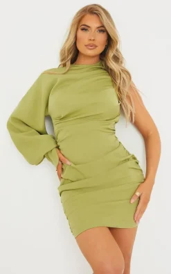 Sage Green One Sleeve Ruched Woven Bodycon Dress