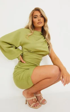 Sage Green One Sleeve Ruched Woven Bodycon Dress
