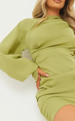 Sage Green One Sleeve Ruched Woven Bodycon Dress