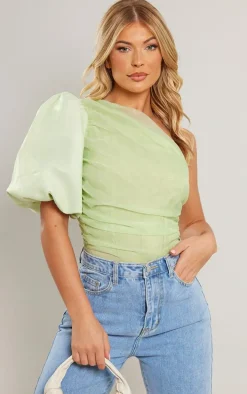 Sage Green Organza Detail One Shoulder Bodysuit