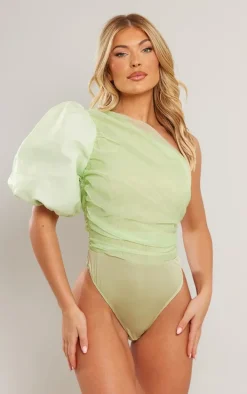 Sage Green Organza Detail One Shoulder Bodysuit