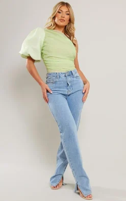 Sage Green Organza Detail One Shoulder Bodysuit