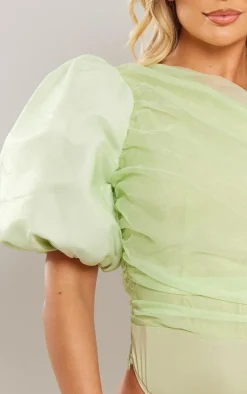 Sage Green Organza Detail One Shoulder Bodysuit