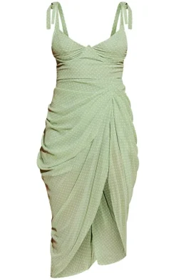 Sage Green Polka Dot Draped Underwire Detail Midi Dress