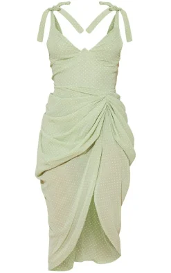 Sage Green Polka Dot Draped Underwire Detail Midi Dress