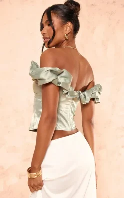 Sage Green Premium Satin Ruffle Boned Corset