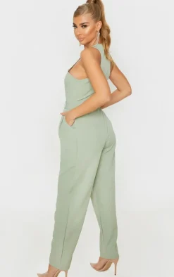 Sage Green Racer Back Pocket Detail Jumpsuit