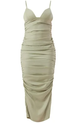 Sage Green Satin Bust Detail Strappy Ruched Midaxi Dress