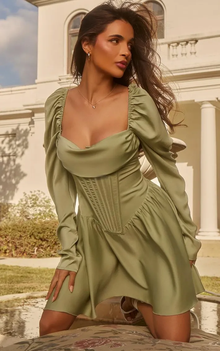 Sage Green Satin Corset Detail Puffball Skater Dress