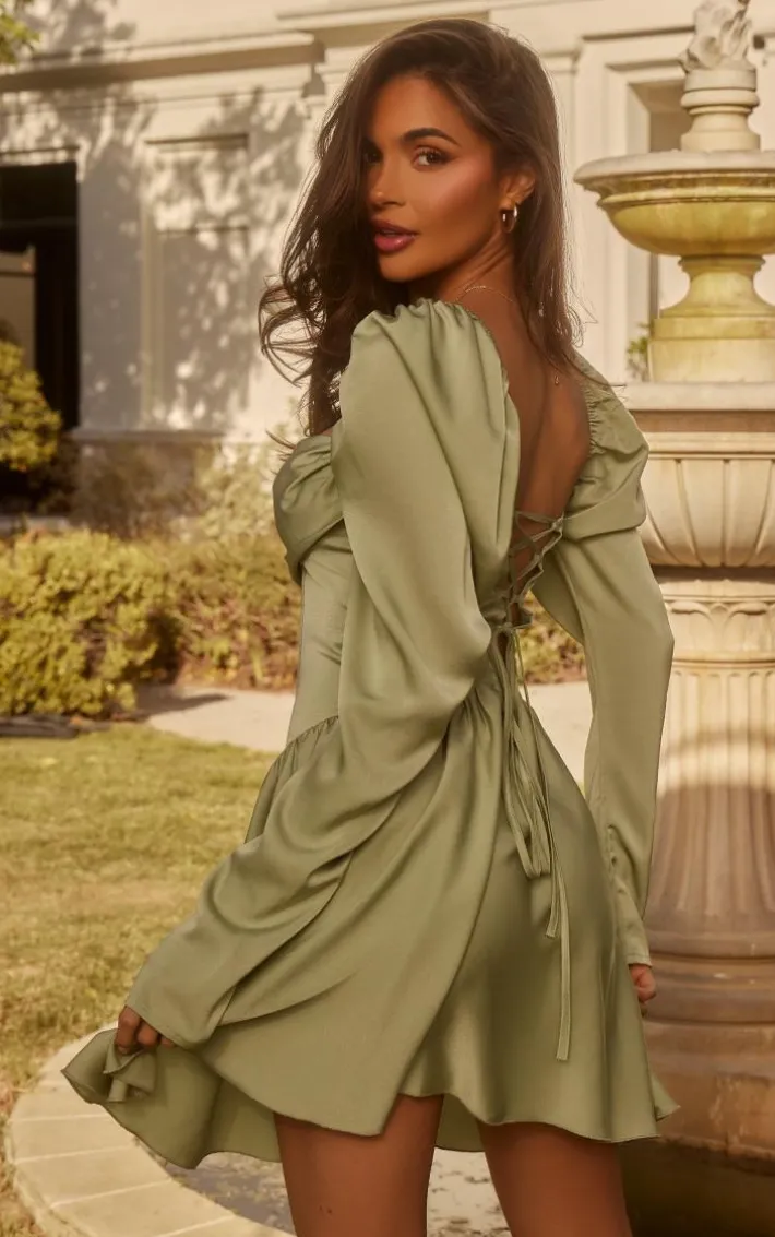 Sage Green Satin Corset Detail Puffball Skater Dress