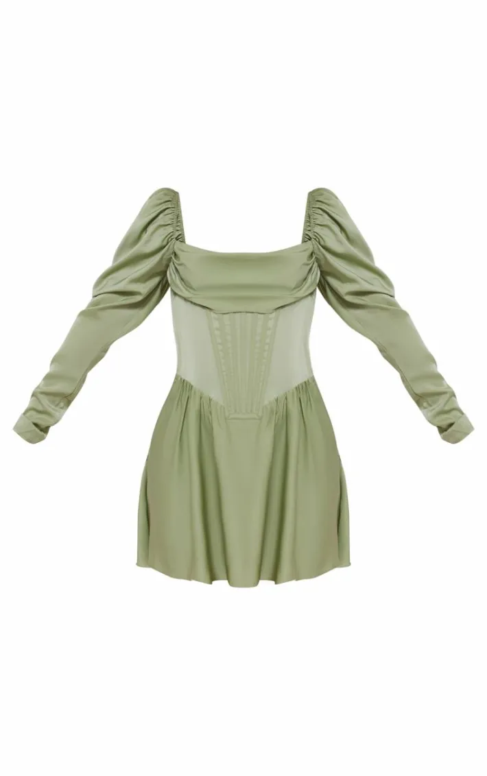 Sage Green Satin Corset Detail Puffball Skater Dress