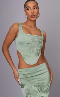 Sage Green Satin Floral Embroidered Corset