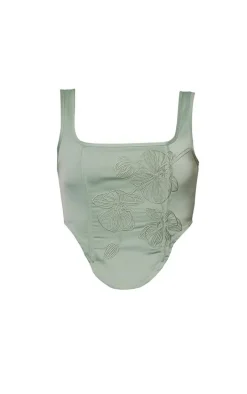 Sage Green Satin Floral Embroidered Corset