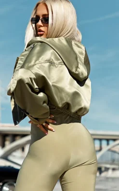 Sage Green Satin Oversized Hooded Pocket Bomber Jacket