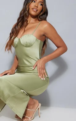Sage Green Satin Ruched Cup Strappy Midi Dress