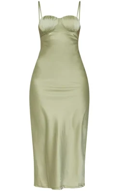 Sage Green Satin Ruched Cup Strappy Midi Dress