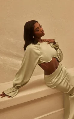 Sage Green Satin Underwired Puff Sleeve Crop Top