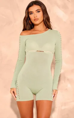 Sage Green Sheer Knit Cut Out Detail Romper
