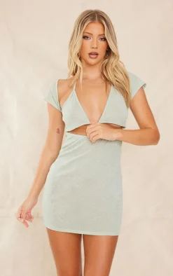 Sage Green Sheer Textured Bralet Detail Bodycon Dress