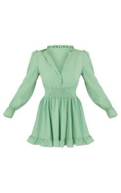 Sage Green Shirred Waist Shirt Dress