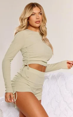 Sage Green Soft Rib Ruched Tie Side Long Sleeve Top