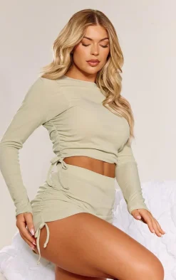 Sage Green Soft Rib Ruched Tie Side Long Sleeve Top