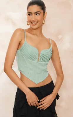 Sage Green Strappy Pleated Bust Corset Detail Crop Top
