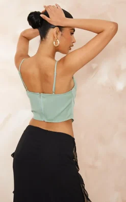 Sage Green Strappy Pleated Bust Corset Detail Crop Top