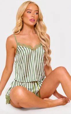 Sage Green Stripe Contrast Lace Satin Cami Short PJ Set