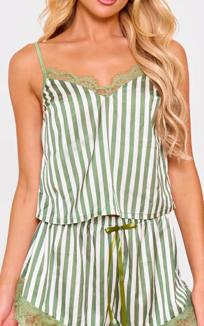 Sage Green Stripe Contrast Lace Satin Cami Short PJ Set