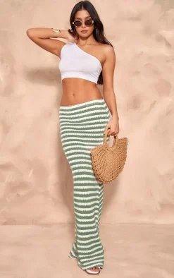 Sage Green Striped Textured Jersey Maxi Skirt