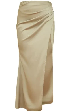 Sage Green Structured Satin V Front Ruched Split Front Maxi Skirt