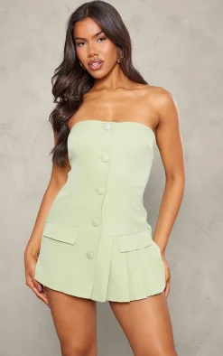 Sage Green Tailored Pleat Detail Bandeau Skort Romper