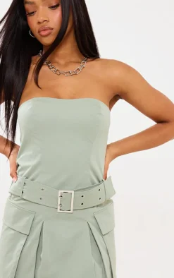 Sage Green Tailored Woven Pocket Belted Bandeau Bodycon Dress
