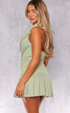 Sage Green Tailored Woven Halter Neck Pleated Skort Romper