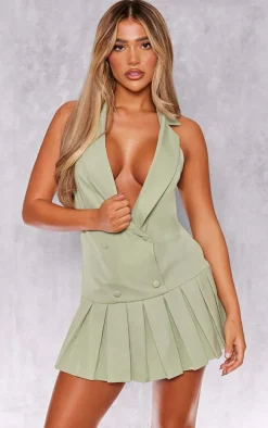 Sage Green Tailored Woven Halter Neck Pleated Skort Romper