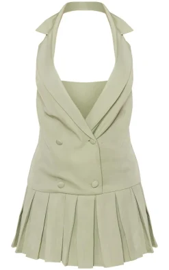 Sage Green Tailored Woven Halter Neck Pleated Skort Romper