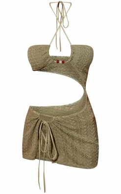 Sage Green Textured Bead Detail Cut Out Mini Beach Dress